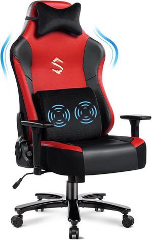 FANTASYLAB Big and Tall 400lb Massage Memory Foam Gaming Chair - Adjustable Tilt, Back Angle and 3D Arms High-Back Leather Racing Executive Computer Desk Office Chair, Metal Base Red