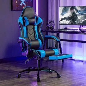 Fantasylab Gaming Chair with Footrest, Ergonomic Computer Chair with Headrest and Lumbar Support, Video Game Chairs for Adults, Black Blue