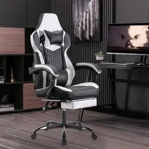 Fantasylab Gaming Chair with Footrest, High Back Gaming Chairs PVC Leather Ergonomic Office Gamer Chair(Black White)