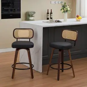 Vanbow Walnut Wood Swivel Bar Stool - Ventilated Cane Back, Set of 2, Black
