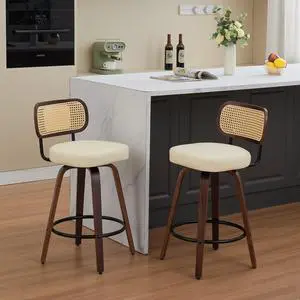 Vanbow Walnut Wood Swivel Bar Stool - Ventilated Cane Back, Set of 2, Beige