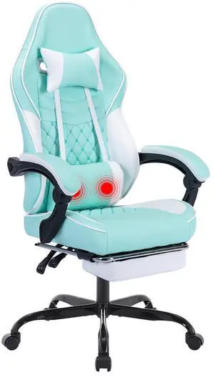 Fantasylab Ergonomic Video Gamer Chairs,Computer Gaming Chairs with Massage Lumbar Support and footrest for Adults, Green White