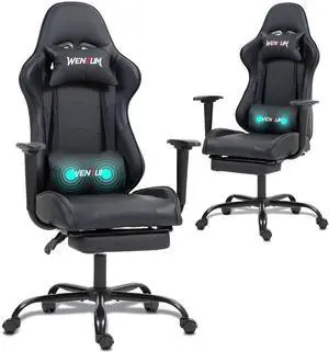Fantasylab Reclining Gaming Chair with Footrest, Massage Racing Office Chair, PU Leather Computer Desk Chair with Head Pillow for Adults, Black