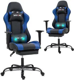 Fantasylab Reclining Gaming Chair with Footrest, Massage Racing Office Chair, PU Leather Computer Desk Chair with Head Pillow for Adults, Blue