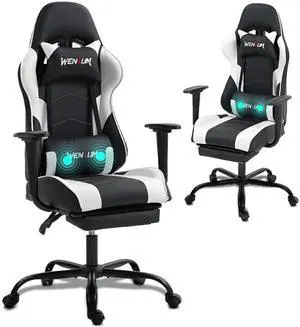 Fantasylab Reclining Gaming Chair with Footrest, Massage Racing Office Chair, PU Leather Computer Desk Chair with Head Pillow for Adults, White