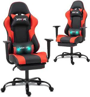 Fantasylab Reclining Gaming Chair with Footrest, Massage Racing Office Chair, PU Leather Computer Desk Chair with Head Pillow for Adults, Red