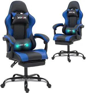 Fantasylab Ergonomic Reclining Gaming Chair with Linkage Armrests & Footrest, Racing Office Chair, PU Leather Computer Desk Chair Blue