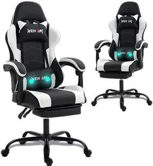 Fantasylab Ergonomic Reclining Gaming Chair with Linkage Armrests & Footrest, Racing Office Chair, PU Leather Computer Desk Chair White
