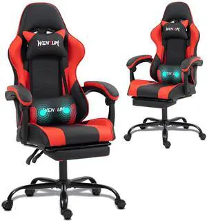 Fantasylab Ergonomic Reclining Gaming Chair with Linkage Armrests & Footrest, Racing Office Chair, PU Leather Computer Desk Chair Red