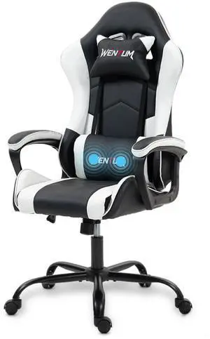 Fantasylab Ergonomic Gaming Chair Racing Style Office Chair, Computer Desk Chair, Swivel Reclining PU Leather PC Gamer Chair, White