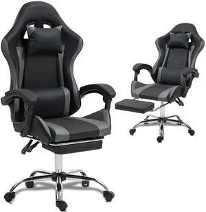 Fantasylab Gaming Chair with Massage Lumbar Support Ergonomic Video Game Chair for Adults, Adjustable Headrest & Footrest, 90-135° Recline, 360° Swivel Grey
