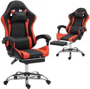Fantasylab Gaming Chair with Massage Lumbar Support Ergonomic Video Game Chair for Adults, Adjustable Headrest & Footrest, 90-135° Recline, 360° Swivel Red