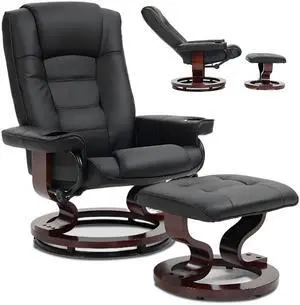 VANBOW Recliner Chair with Ottoman, Swivel Wood Base, Accent Chair, Faux Leather Lounge Chair with Footrest for Living Room and Bedroom, Black