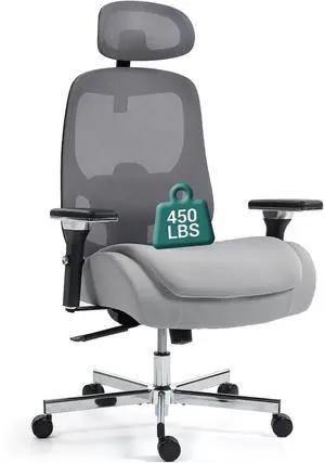 FANTASYLAB Ergonomic Mesh Office Chair, Comfy Desk Chair, Big and Tall Executive Office Chair with 4D Arms, 2D Lumbar Support, Adjustable Headrest, Grey