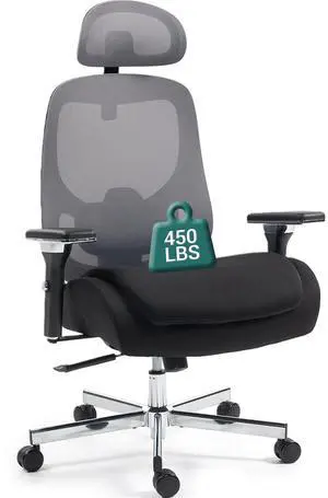 FANTASYLAB Ergonomic Mesh Office Chair, Comfy Desk Chair, Big and Tall Executive Office Chair with 4D Arms, 2D Lumbar Support, Adjustable Headrest, Black/Grey