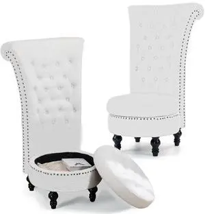 VANBOW High Back Throne Royal Chair Set of 2, Teddy Armless Accent with Storage, Nailhead Trim, Solid Rubberwood Legs for Living Room Bedroom, White VANBOW High Back Throne Royal Chair Set of 2, Teddy Armless Accent with Storage, Nailhead Trim, Solid Rubberwood Legs for Living Room Bedroom, White