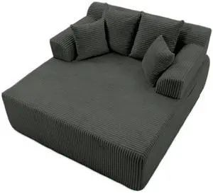 VANBOW 58" Chaise Lounge Chair Indoor, Oversized Corduroy Boneless Sleeper Sofa Bed with Armrests & 4 Pillows, No Assembly for Living Room, Grey