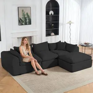 VANBOW 113'' Modular Sectional Sofa Couches Boneless Convertible L-Shape Cloud Velvet Couch with Ottoman, No Assembly-Grey Black