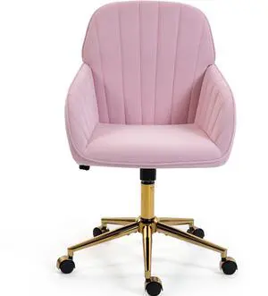 VANBOW Velvet Home Office Chair with Gold Base and Wheels, Modern Makeup Vanity Chair, Height Adjustable Swivel Desk Chair for Living Room Bedroom Study Room, Pink