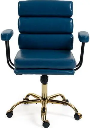 VANBOW Faux Leather Home Office Desk Chair, Gold Base Vanity Chair with Wheels, Padded Seat and Armrests, Adjustable Height Swivel Executive Computer Chair, Blue