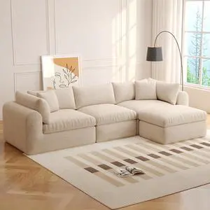 VANBOW 113'' Modular Sectional Sofa Couches Boneless Convertible L-Shape Cloud Velvet Couch with Ottoman, No Assembly-Beige
