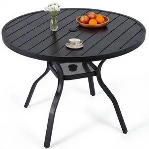 VANBOW 41.3" Outdoor Dining Table for 4, Metal Round Patio Dining Table with Adjustable Umbrella Hole for Garden, Backyard and Porch, Black VANBOW 41.3" Outdoor Dining Table for 4, Metal Round Patio Dining Table with Adjustable Umbrella Hole for Garden, Backyard and Porch, Black