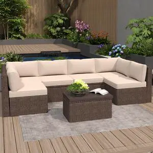 VANBOW Outdoor Replacement Cushions 14-Piece Deep Seat Water-Resistant Patio Furniture Cushions for 6-Seat Sectional Rattan Sets, Beige VANBOW Outdoor Replacement Cushions 14-Piece Deep Seat Water-Resistant Patio Furniture Cushions for 6-Seat Sectional Rattan Sets, Beige