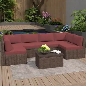 VANBOW Outdoor Replacement Cushions 14-Piece Deep Seat Water-Resistant Patio Furniture Cushions for 6-Seat Sectional Rattan Sets, Red VANBOW Outdoor Replacement Cushions 14-Piece Deep Seat Water-Resistant Patio Furniture Cushions for 6-Seat Sectional Rattan Sets, Red