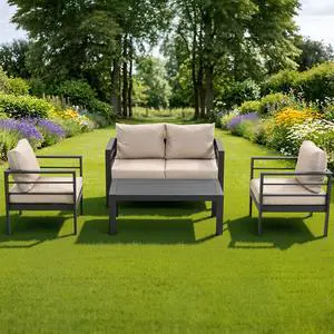VANBOW Outdoor Patio Furniture Set, 4-Piece Patio Conversation Set with Removable Washable Cushions & Coffee Table, All-Weather Patio Sofa Set for Garden, Balcony, Deck, Backyard - Beige VANBOW Outdoor Patio Furniture Set, 4-Piece Patio Conversation Set with Removable Washable Cushions & Coffee Table, All-Weather Patio Sofa Set for Garden, Balcony, Deck, Backyard - Beige