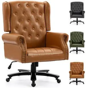 VANBOW Vintage PU Leather Office Chair, Wingback Executive Desk Chair with Tufted Back & Nailhead Trim, Wide Seat Rolled Armrests Swivel Task Chair, Heavy Duty 330LBS for Home Office, Brown VANBOW Vintage PU Leather Office Chair, Wingback Executive Desk Chair with Tufted Back & Nailhead Trim, Wide Seat Rolled Armrests Swivel Task Chair, Heavy Duty 330LBS for Home Office, Brown