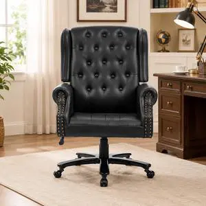 VANBOW Vintage PU Leather Office Chair, Wingback Executive Desk Chair with Tufted Back & Nailhead Trim, Wide Seat Rolled Armrests Swivel Task Chair, Heavy Duty 330LBS for Home Office, Black VANBOW Vintage PU Leather Office Chair, Wingback Executive Desk Chair with Tufted Back & Nailhead Trim, Wide Seat Rolled Armrests Swivel Task Chair, Heavy Duty 330LBS for Home Office, Black