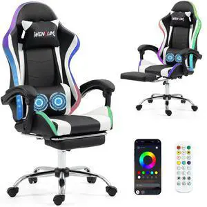 LED Lights Gaming Chair with Massage Lumbar Pillow, RGB Computer Gaming Chair with Footrest , 90°-135° Reclining Gamer Chair & Height Adjustable Video Game Chairs for Home Office Game Room, White LED Lights Gaming Chair with Massage Lumbar Pillow, RGB Computer Gaming Chair with Footrest , 90°-135° Reclining Gamer Chair & Height Adjustable Video Game Chairs for Home Office Game Room, White