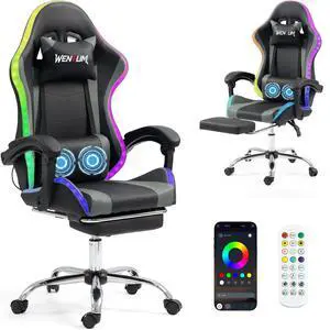 LED Lights Gaming Chair with Massage Lumbar Pillow, RGB Computer Gaming Chair with Footrest , 90°-135° Reclining Gamer Chair & Height Adjustable Video Game Chairs for Home Office Game Room, Grey LED Lights Gaming Chair with Massage Lumbar Pillow, RGB Computer Gaming Chair with Footrest , 90°-135° Reclining Gamer Chair & Height Adjustable Video Game Chairs for Home Office Game Room, Grey