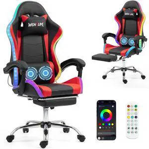 LED Lights Gaming Chair with Massage Lumbar Pillow, RGB Computer Gaming Chair with Footrest , 90°-135° Reclining Gamer Chair & Height Adjustable Video Game Chairs for Home Office Game Room, Red LED Lights Gaming Chair with Massage Lumbar Pillow, RGB Computer Gaming Chair with Footrest , 90°-135° Reclining Gamer Chair & Height Adjustable Video Game Chairs for Home Office Game Room, Red