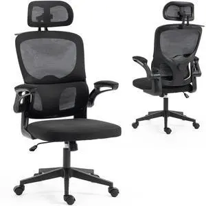 VANBOW Mesh Desk Chair with Coat Hook, Ergonomic Office Chair with Flip-up Arms, Headrest and Lumbar Support, 330 lbs, Black VANBOW Mesh Desk Chair with Coat Hook, Ergonomic Office Chair with Flip-up Arms, Headrest and Lumbar Support, 330 lbs, Black