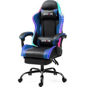 LED Gaming Chair with Massage Lumbar Pillow, RGB Computer Gaming Chair with Footrest , Reclining Gamer Chair Ergonomic Video Game Chairs for Home Office Game Room Blue LED Gaming Chair with Massage Lumbar Pillow, RGB Computer Gaming Chair with Footrest , Reclining Gamer Chair Ergonomic Video Game Chairs for Home Office Game Room Blue