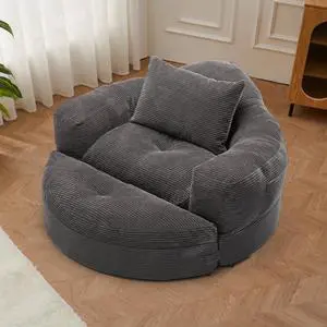 Oversized Round Chaise Lounge Chair with Ottoman, Corduroy Boneless Deep Seat Sofa for Living Room & Bedroom Grey Oversized Round Chaise Lounge Chair with Ottoman, Corduroy Boneless Deep Seat Sofa for Living Room & Bedroom Grey