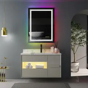 LED Colorful RGB Backlit Bathroom Mirror, Shatterproof Wall Mounted Lighted Makeup Vanity Mirror, Anti Fog Lighted Bathroom Mirrors