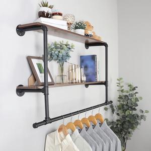 Wall Mounted Industrial Pipe Garment Rack Heavy Duty Iron  Garment Rack, Multi-Purpose Clothes Display Rack with 2-tier Top Shelves