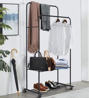 Fashional simple Double Rail Clothes Rack Rolling Clothes Organizer  Double Rod Portable Clothing Hanging Stand  Display  Garment Rack with 2-tier Storage Shelves Black