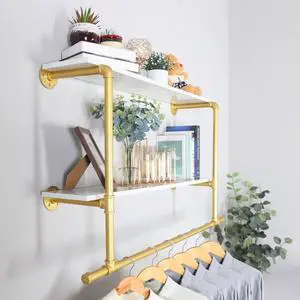 Wall Mounted Industrial Pipe Garment Rack Heavy Duty Iron  Garment Rack, Multi-Purpose Clothes Display Rack with 2-tier Top Shelves