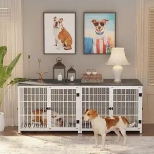 3 doors Furniture style  Dog Crate,  Wooden Dog Crate Table, Indoor Dog Kennel, Dog House, Dog Cage Medium with  Removable Tray Large White