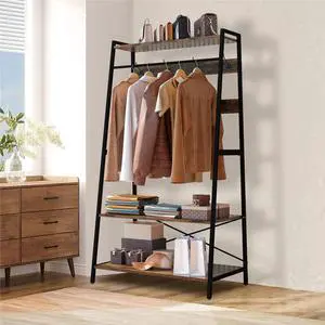 Retro Garment Rack Industrial Hanging  Clothes Stand with Storage Shelves & Hooks