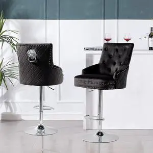 Luxury Velvet Lion Knocker Quilted Back Dining Chair  Grey Tall Bar Stool Adjustable Height Black
