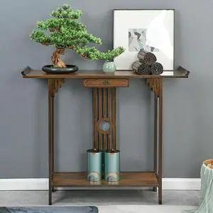 Oriental Console Table Rustic Wood Corridor Side Table with Storage Shelf