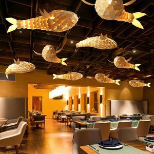 Large Handwoven Fish-Shaped Pendant Lighting Rustic Dining Room Wood Ceiling Chandelier