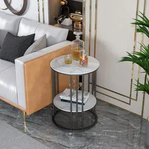 Charming  Marble Round Side Table Gold End Table Modern  Accent Coffee Table Black