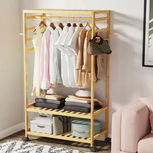 Strong Freestanding Bamboo Clothes Rail Shelf Rolling Garment Closet Organizer Stand