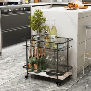 2 Tier Marble & Glass Drinks  Rolling Trolley Utility Serving  Cart Cocktail Table