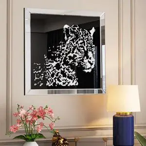 3D Diamond Leopard Pattern Wall Art Crystal Mirror Glass Hanging Mirror Art Painting Decor 60 cm